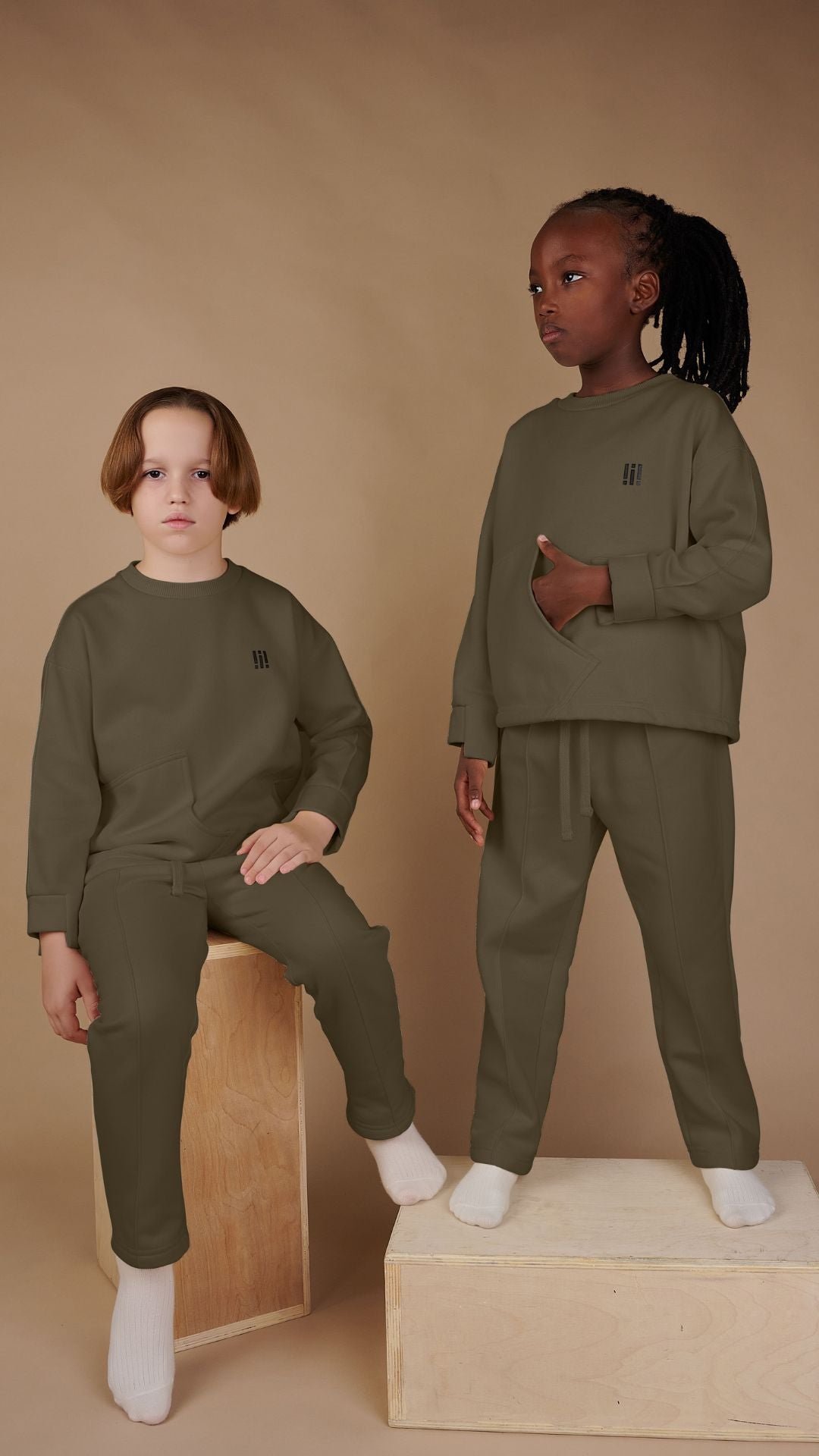 Khaki Color Organic Cotton Pants and Sweatshirt Set